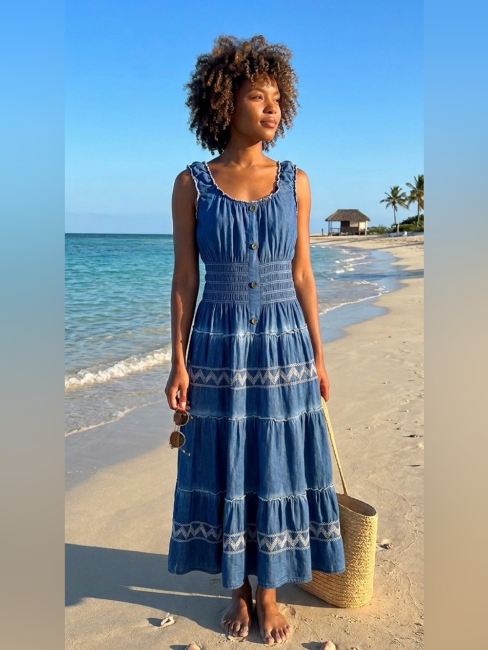 Anthropologie Lapis Tiered Smocked Blue Denim
Maxi w/Zigzag Embroidery Dress S